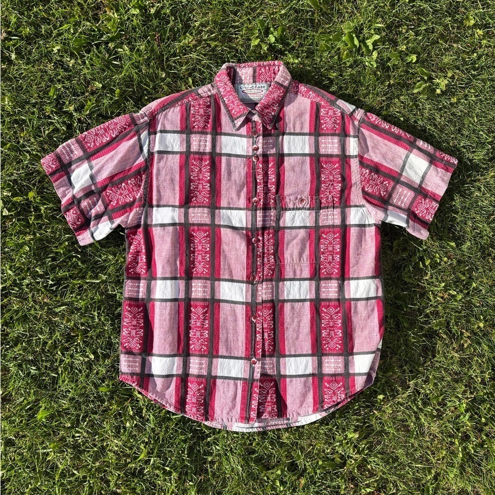 Vtg Citi-Craze Sophisticates S/S Button-Up Shirt Womens M Red Wht Plaid Abstract